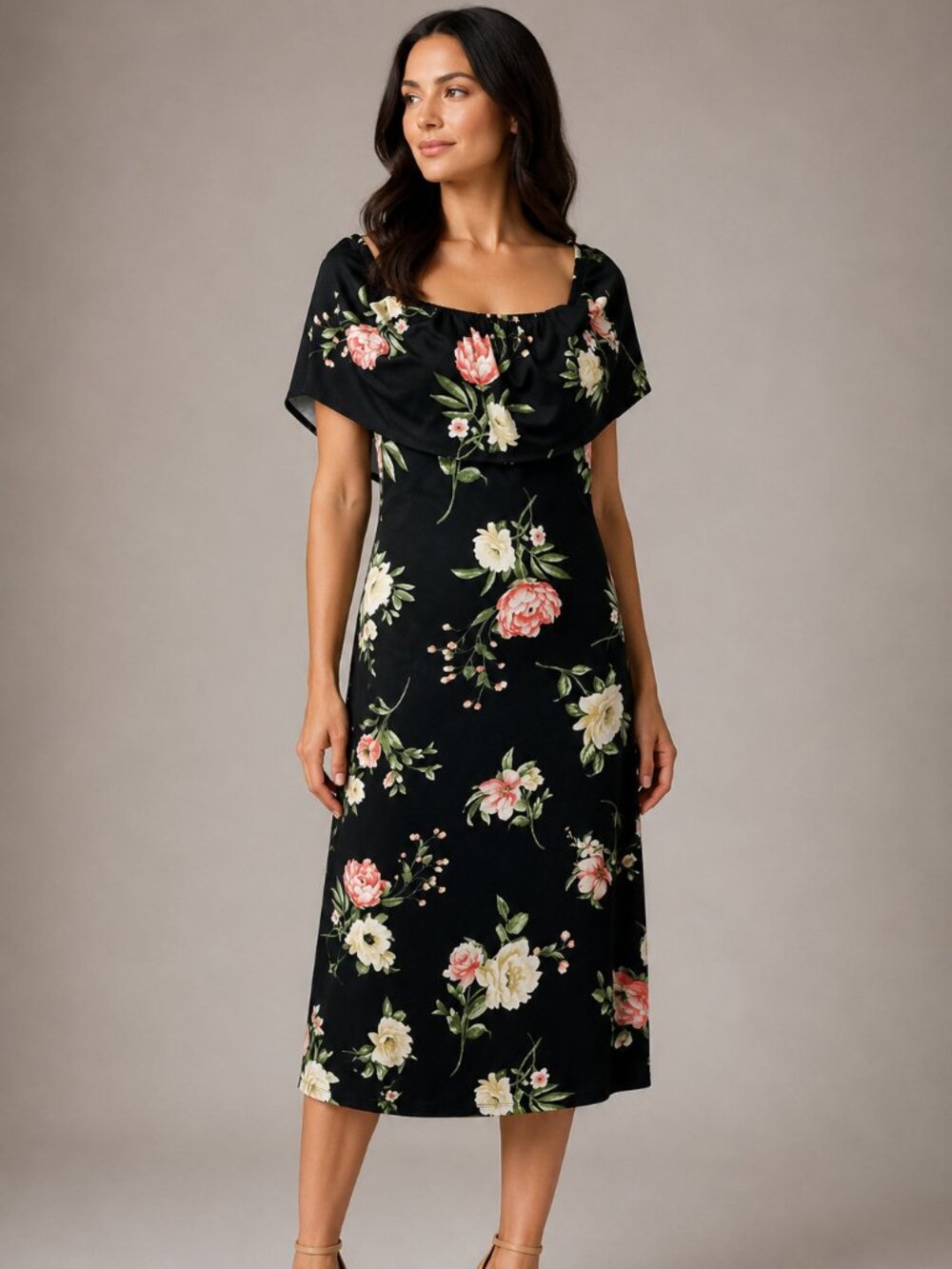 IRIS Black Floral Cape Overlay Midi Dress Size L Romantic Cottagecore